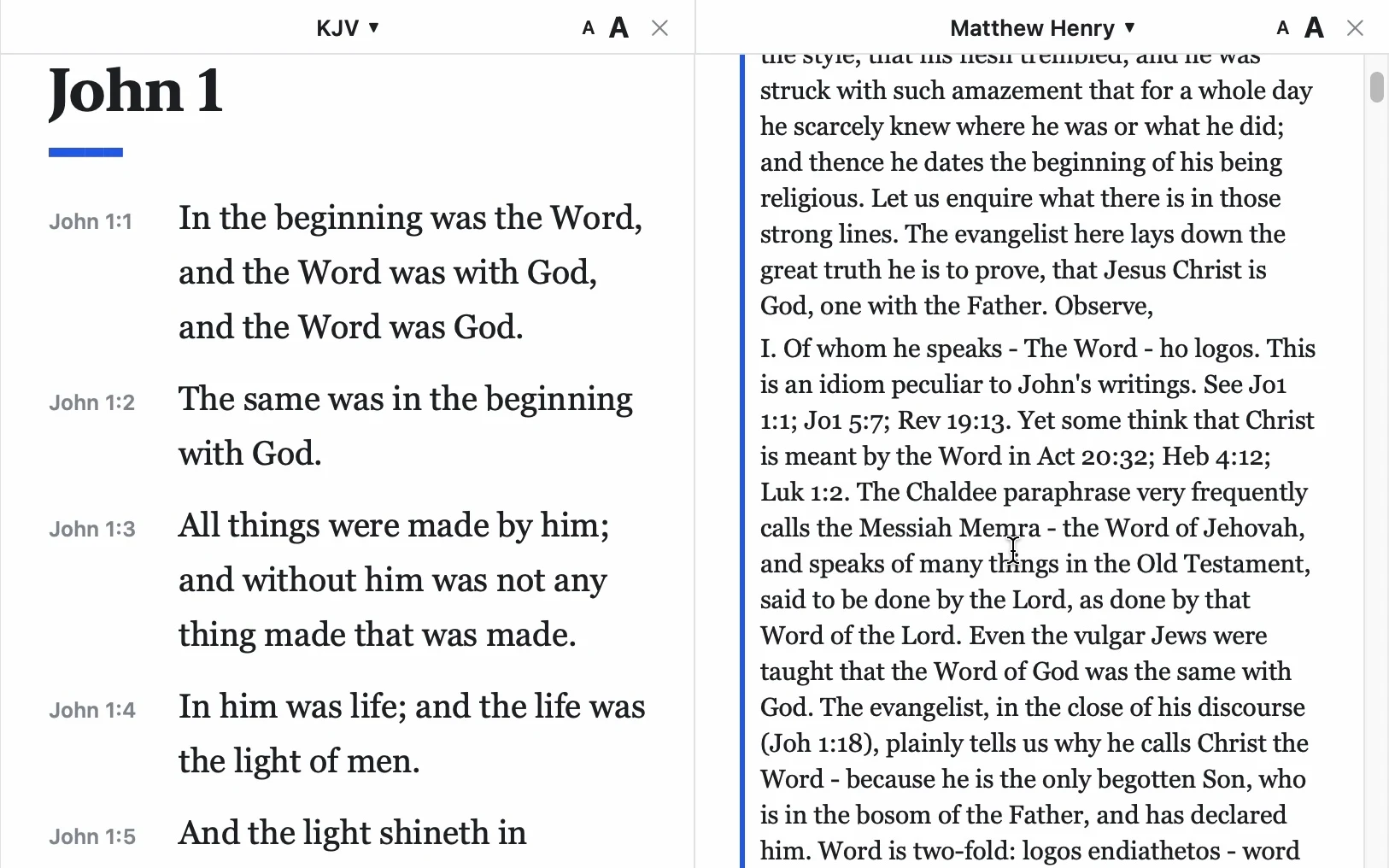 요한복음 1장 KJV 옆에 Matthew Henry 주석을 띄운 화면